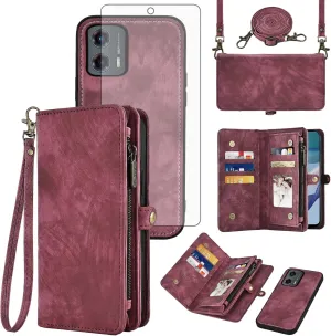 Asuwish Phone Case for Motorola Moto G 5G 2023 Zipper Wallet Magnetic Detachable Cell Cover with Tempered Glass Screen Protector Crossbody Lanyard Strap Flip Card Holder Slot G5G G5 Women Girls Red