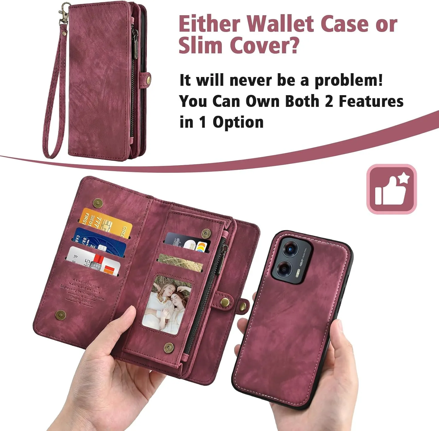 Asuwish Phone Case for Motorola Moto G 5G 2023 Zipper Wallet Magnetic Detachable Cell Cover with Tempered Glass Screen Protector Crossbody Lanyard Strap Flip Card Holder Slot G5G G5 Women Girls Red