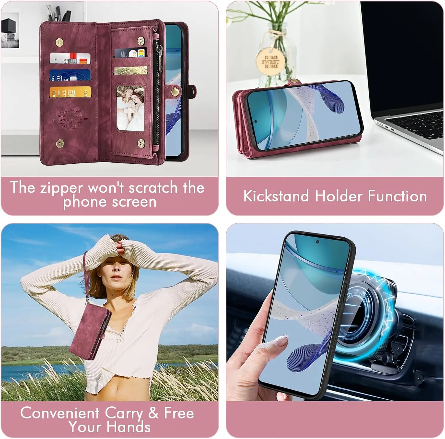 Asuwish Phone Case for Motorola Moto G 5G 2023 Zipper Wallet Magnetic Detachable Cell Cover with Tempered Glass Screen Protector Crossbody Lanyard Strap Flip Card Holder Slot G5G G5 Women Girls Red