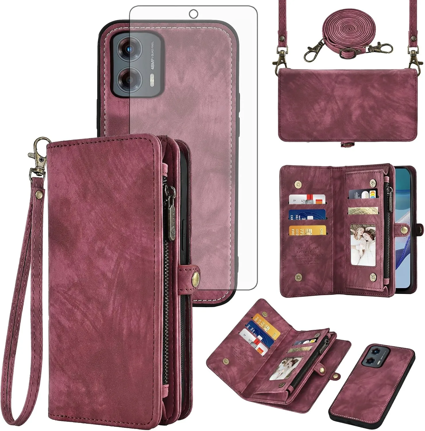 Asuwish Phone Case for Motorola Moto G 5G 2023 Zipper Wallet Magnetic Detachable Cell Cover with Tempered Glass Screen Protector Crossbody Lanyard Strap Flip Card Holder Slot G5G G5 Women Girls Red