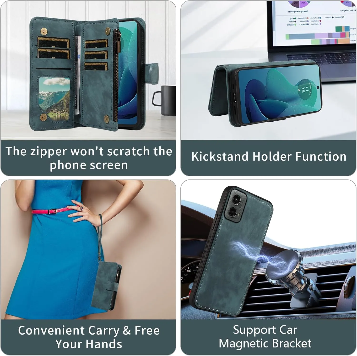 Asuwish Phone Case for Motorola Moto G 5G 2024 Zipper Wallet Magnetic Cell Cover with Tempered Glass Screen Protector Crossbody Wrist Strap Flip Credit Card Holder Purse Slot G5G G5 Women Girls Blue