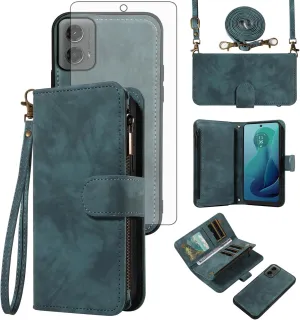Asuwish Phone Case for Motorola Moto G 5G 2024 Zipper Wallet Magnetic Cell Cover with Tempered Glass Screen Protector Crossbody Wrist Strap Flip Credit Card Holder Purse Slot G5G G5 Women Girls Blue
