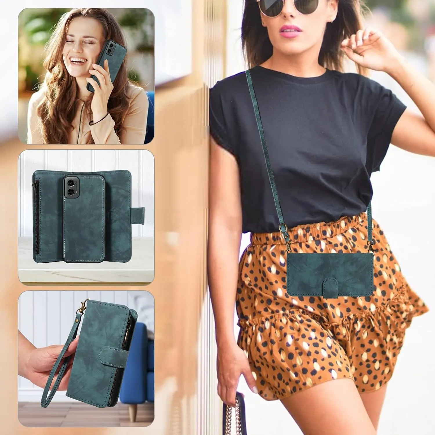 Asuwish Phone Case for Motorola Moto G 5G 2024 Zipper Wallet Magnetic Cell Cover with Tempered Glass Screen Protector Crossbody Wrist Strap Flip Credit Card Holder Purse Slot G5G G5 Women Girls Blue