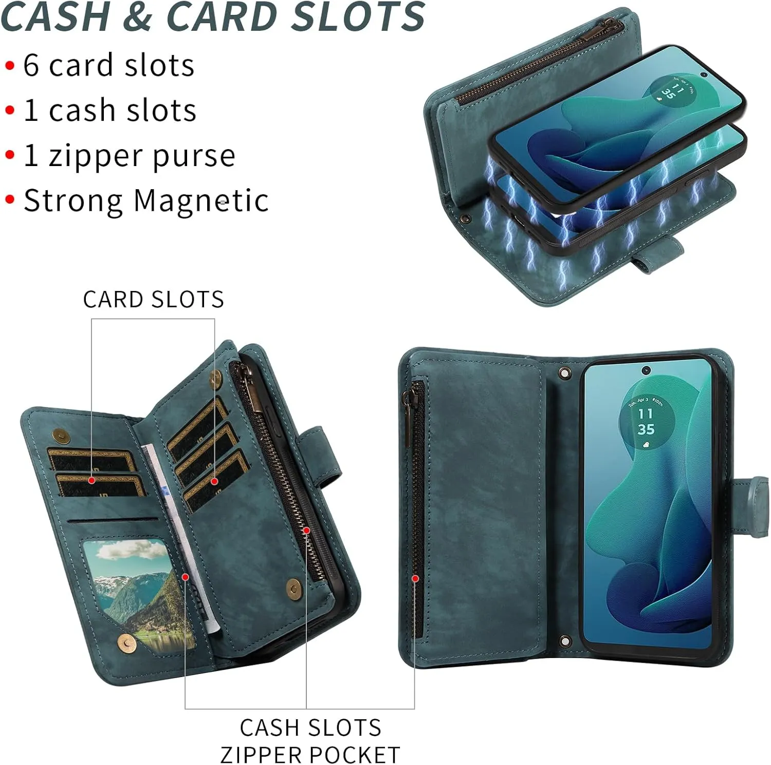 Asuwish Phone Case for Motorola Moto G 5G 2024 Zipper Wallet Magnetic Cell Cover with Tempered Glass Screen Protector Crossbody Wrist Strap Flip Credit Card Holder Purse Slot G5G G5 Women Girls Blue