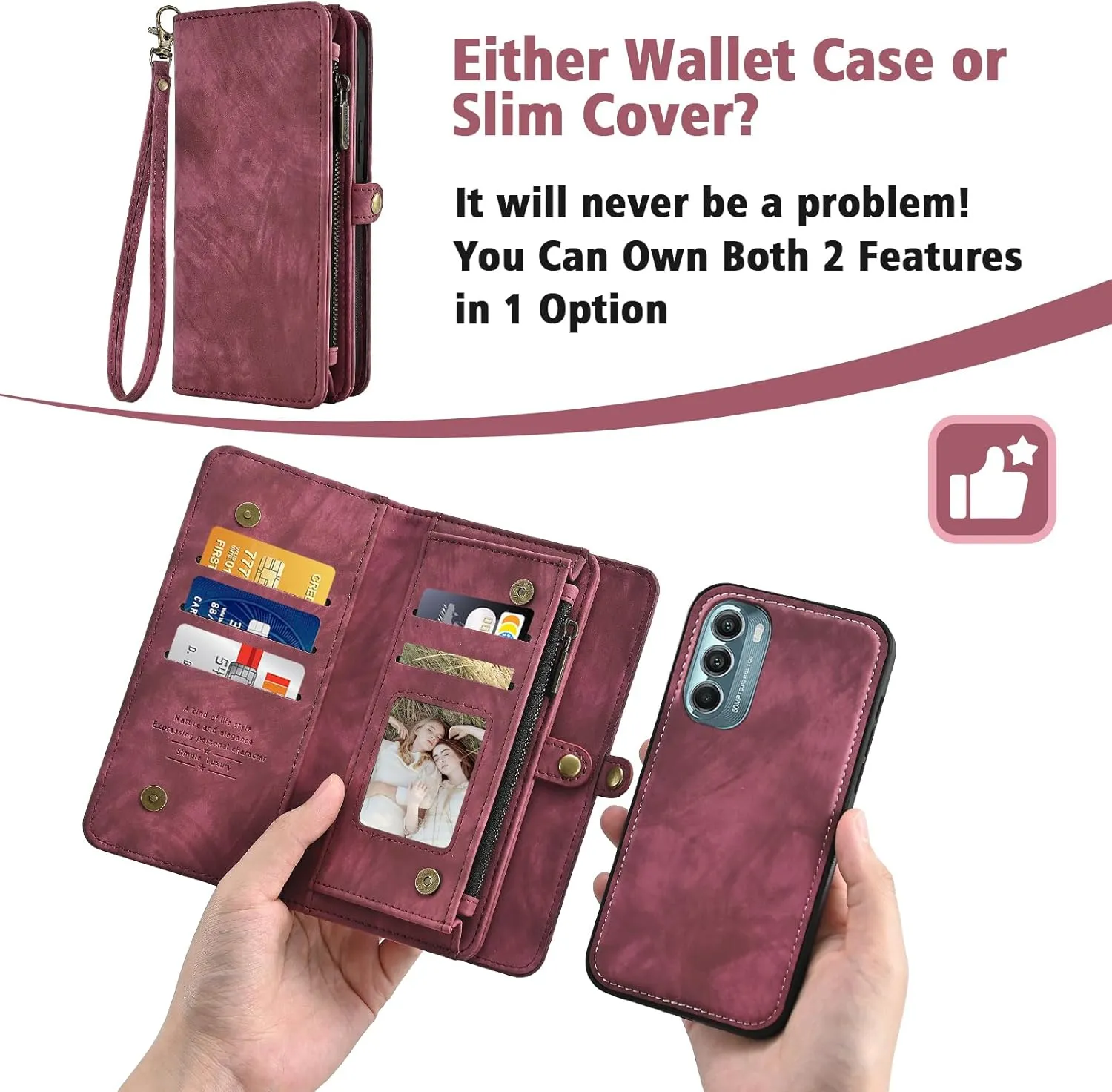 Asuwish Phone Case for Motorola Moto G Stylus 5G 2022 Zipper Wallet Detachable Cell Cover with Tempered Glass Screen Protector Crossbody Strap Flip Card Holder XT2215-1 XT2215-4 XT2215DL Women Men Red