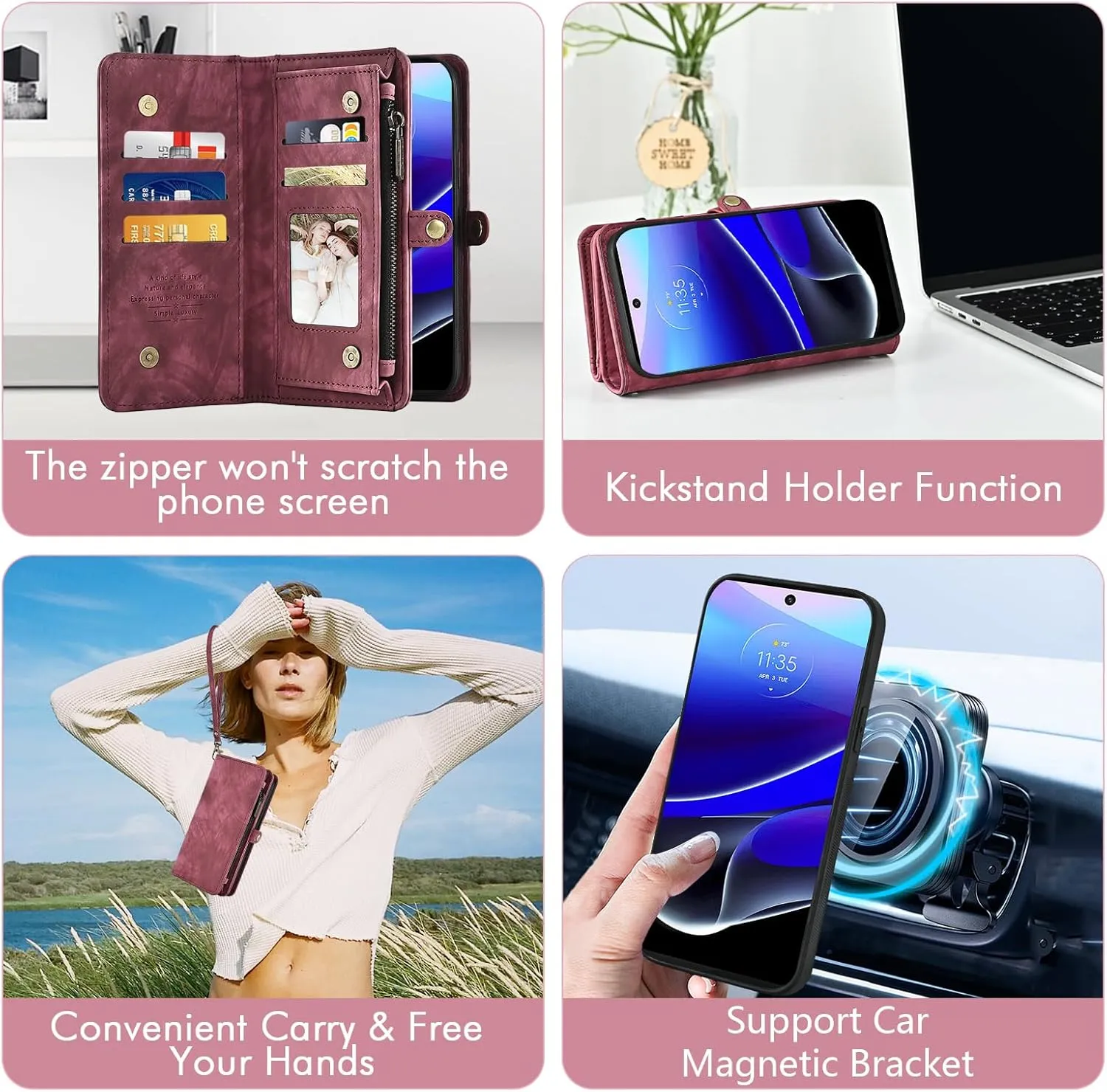 Asuwish Phone Case for Motorola Moto G Stylus 5G 2022 Zipper Wallet Detachable Cell Cover with Tempered Glass Screen Protector Crossbody Strap Flip Card Holder XT2215-1 XT2215-4 XT2215DL Women Men Red
