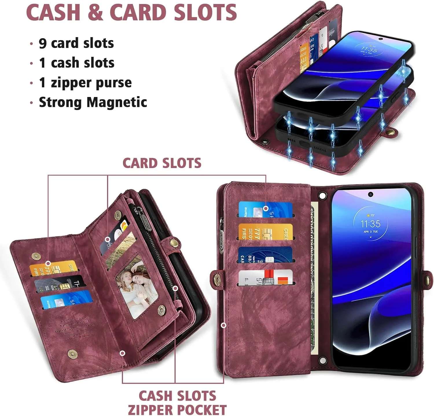Asuwish Phone Case for Motorola Moto G Stylus 5G 2022 Zipper Wallet Detachable Cell Cover with Tempered Glass Screen Protector Crossbody Strap Flip Card Holder XT2215-1 XT2215-4 XT2215DL Women Men Red
