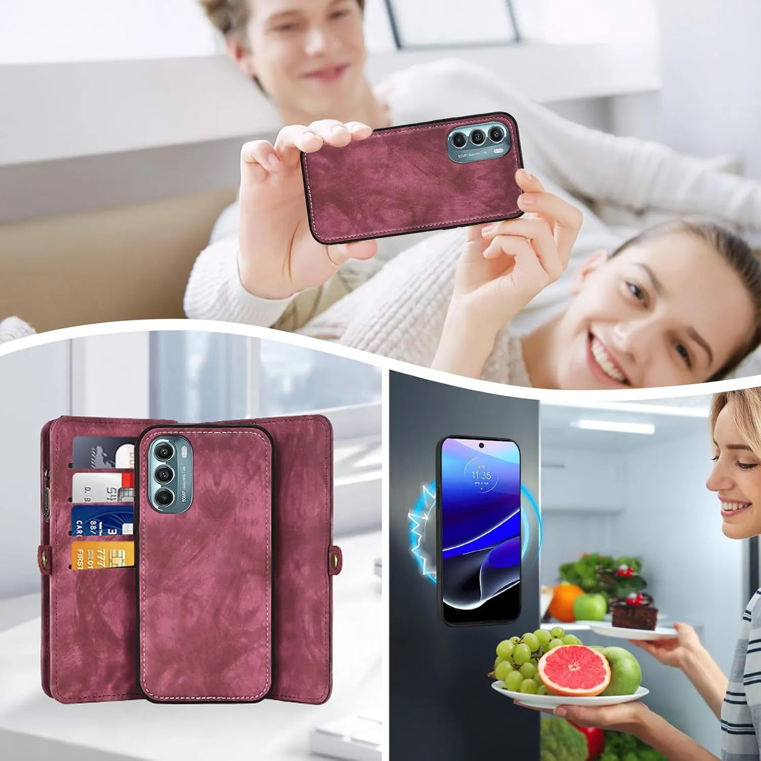 Asuwish Phone Case for Motorola Moto G Stylus 5G 2022 Zipper Wallet Detachable Cell Cover with Tempered Glass Screen Protector Crossbody Strap Flip Card Holder XT2215-1 XT2215-4 XT2215DL Women Men Red