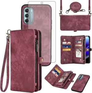 Asuwish Phone Case for Motorola Moto G Stylus 5G 2022 Zipper Wallet Detachable Cell Cover with Tempered Glass Screen Protector Crossbody Strap Flip Card Holder XT2215-1 XT2215-4 XT2215DL Women Men Red