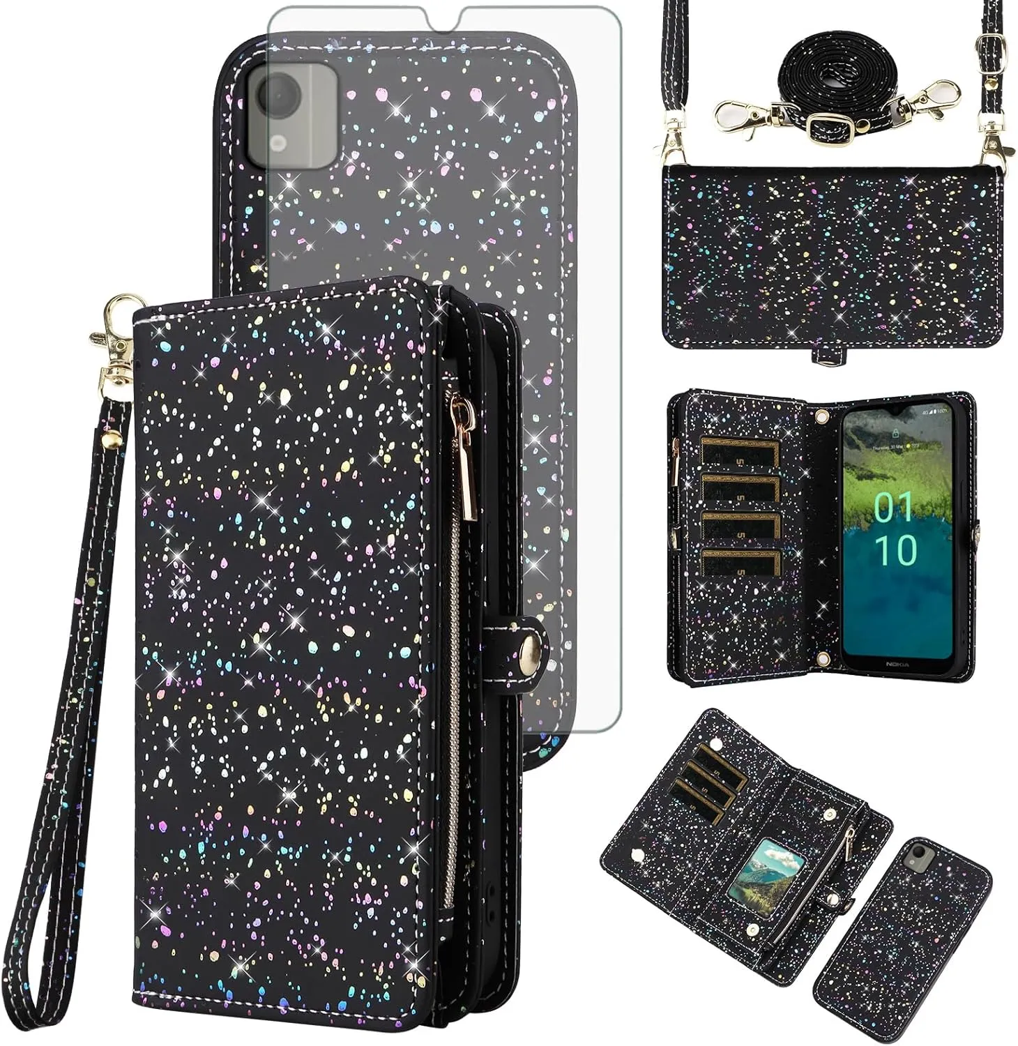Asuwish Phone Case for Nokia C110 Zipper Wallet Magnetic Detachable Cover with Tempered Glass Screen Protector and Glitter Card Holder Slot Stand Flip Cell Accessories C 110 4G N156DL Women Men Black