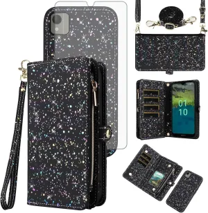 Asuwish Phone Case for Nokia C110 Zipper Wallet Magnetic Detachable Cover with Tempered Glass Screen Protector and Glitter Card Holder Slot Stand Flip Cell Accessories C 110 4G N156DL Women Men Black
