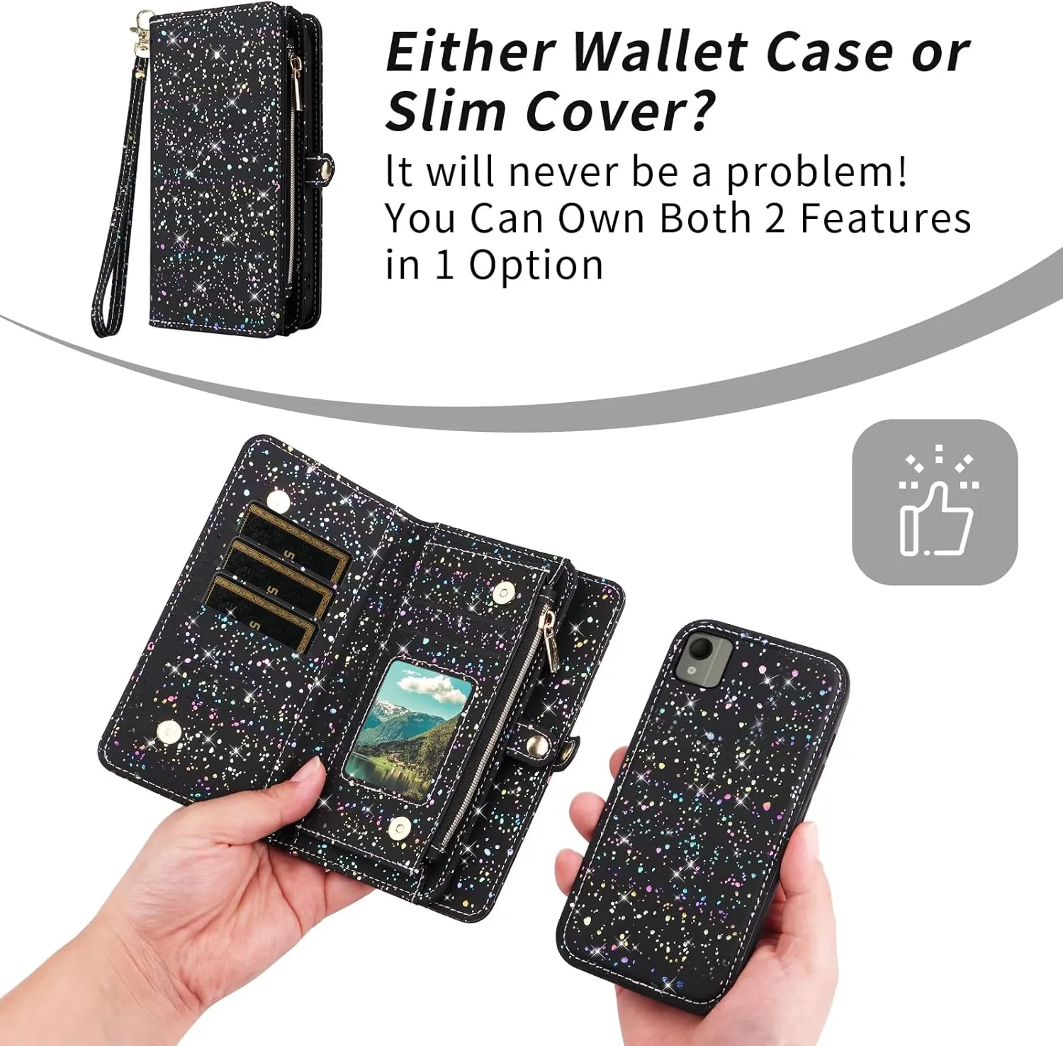 Asuwish Phone Case for Nokia C110 Zipper Wallet Magnetic Detachable Cover with Tempered Glass Screen Protector and Glitter Card Holder Slot Stand Flip Cell Accessories C 110 4G N156DL Women Men Black