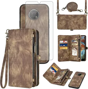 Asuwish Phone Case for Nokia G300 5G N1374DL Zipper Wallet Magnetic Detachable Cell Cover with Tempered Glass Screen Protector Crossbody Strap Flip Card Holder NokiaG300 G 300 300G 2021 Women Brown