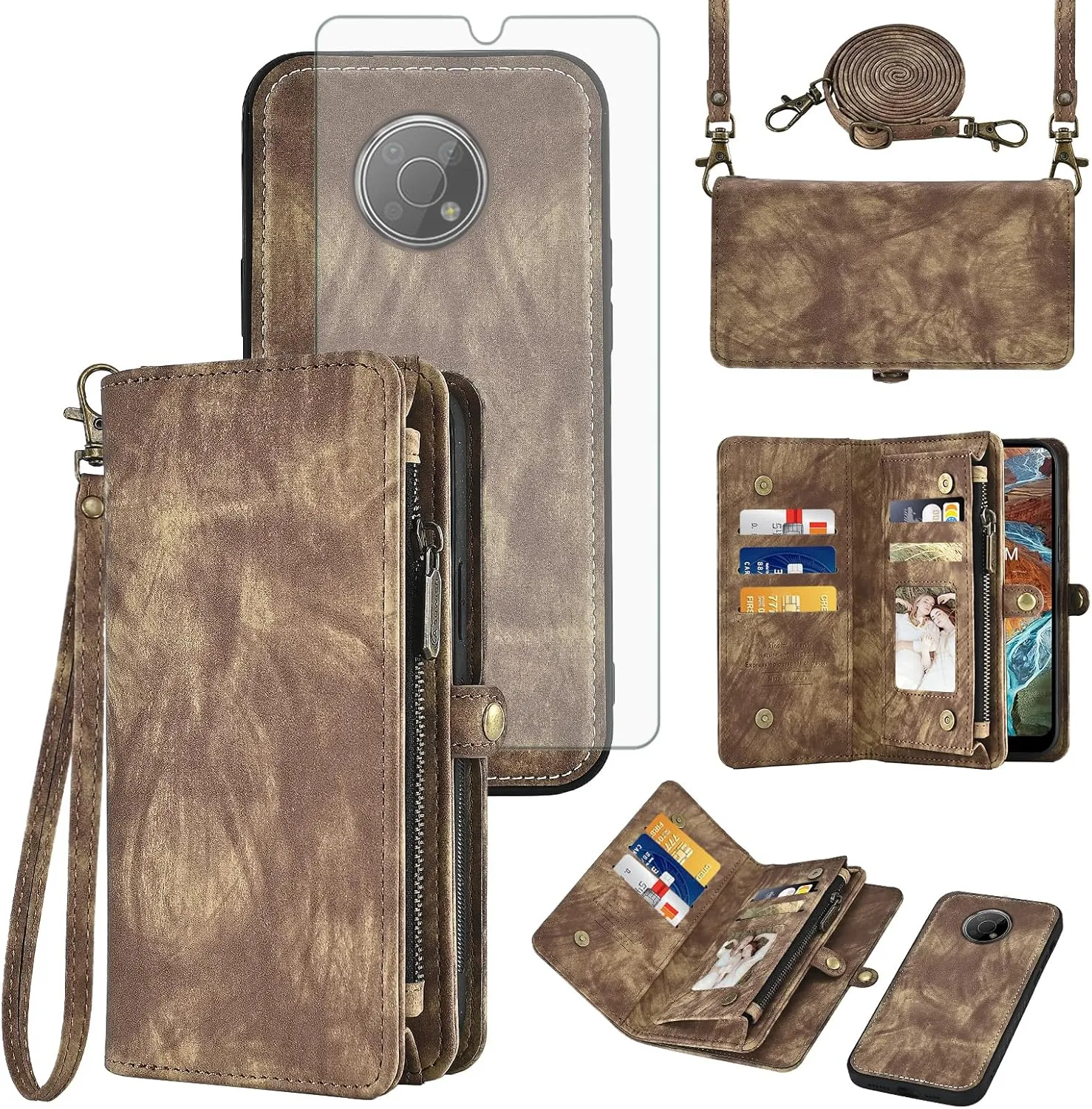 Asuwish Phone Case for Nokia G300 5G N1374DL Zipper Wallet Magnetic Detachable Cell Cover with Tempered Glass Screen Protector Crossbody Strap Flip Card Holder NokiaG300 G 300 300G 2021 Women Brown