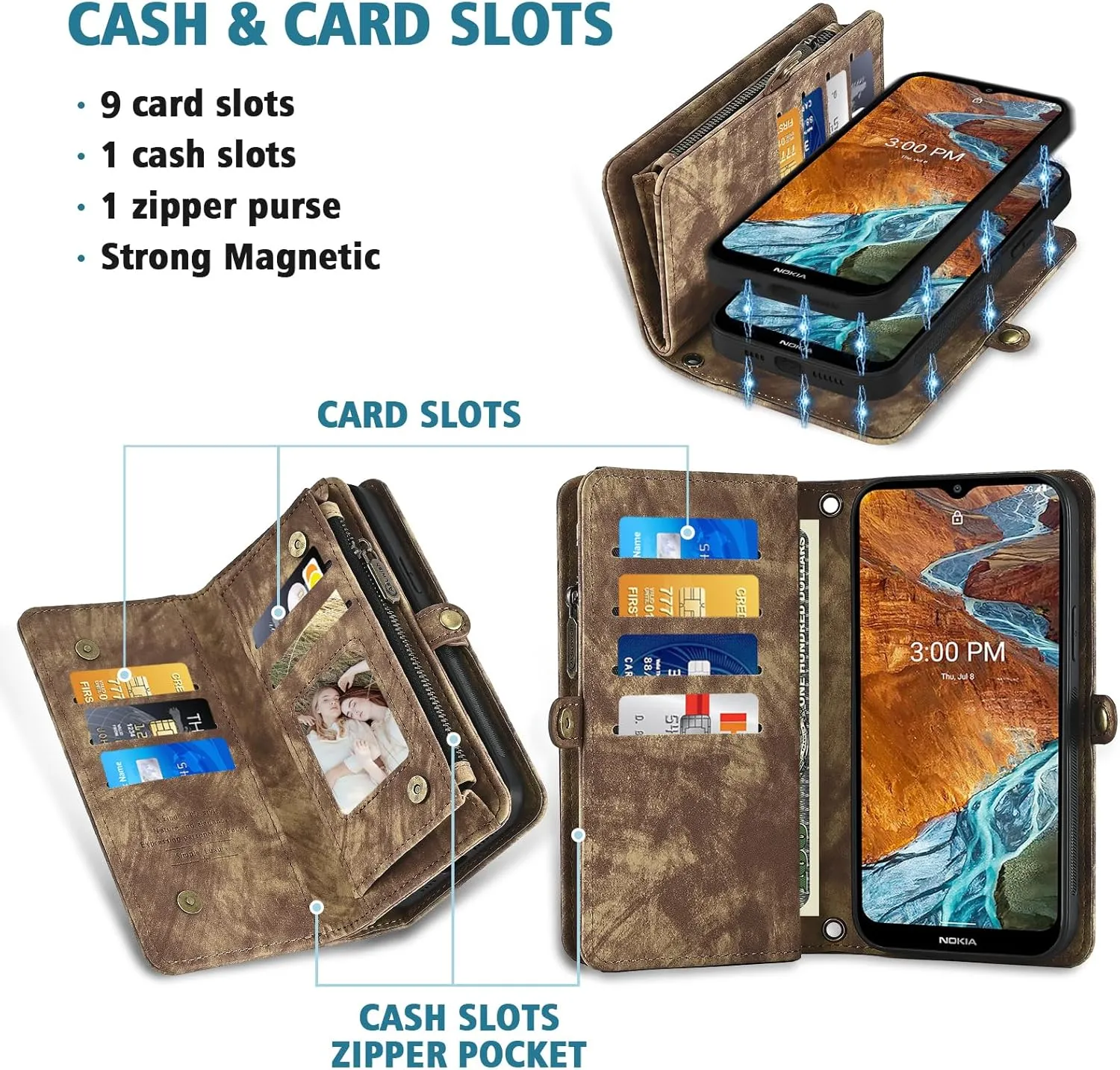 Asuwish Phone Case for Nokia G300 5G N1374DL Zipper Wallet Magnetic Detachable Cell Cover with Tempered Glass Screen Protector Crossbody Strap Flip Card Holder NokiaG300 G 300 300G 2021 Women Brown