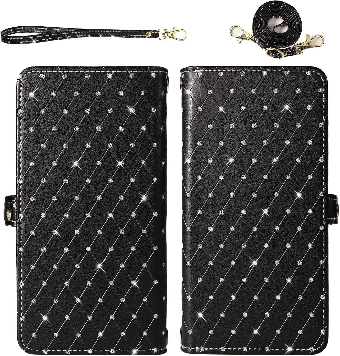Asuwish Phone Case for OnePlus 12 5G Zipper Wallet Detachable Cell Cover with Tempered Glass Screen Protector Crossbody Lanyard Strap Glitter Flip Card Holder Slot One  1plus12 2024 Women Girls Black