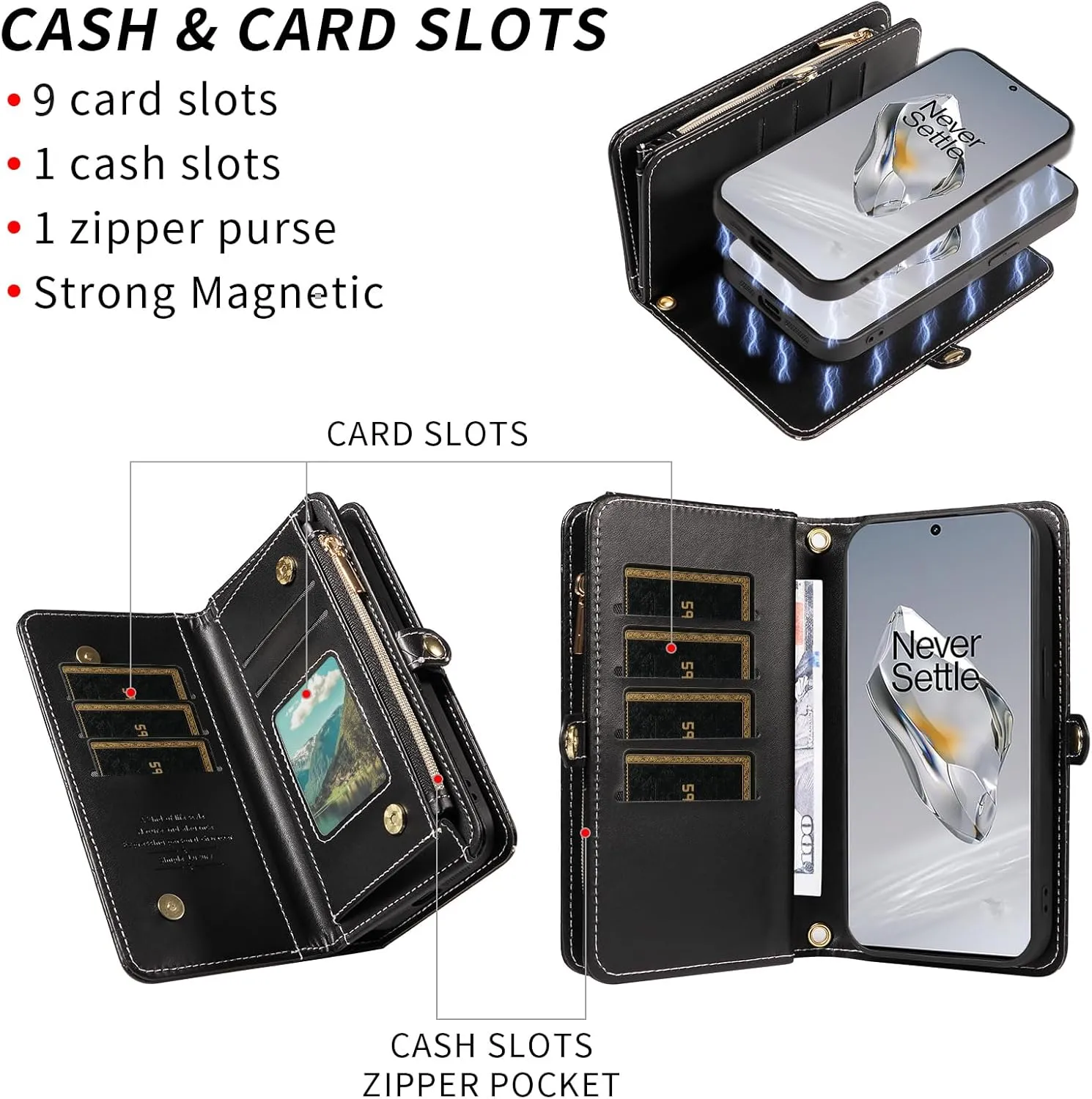 Asuwish Phone Case for OnePlus 12 5G Zipper Wallet Detachable Cell Cover with Tempered Glass Screen Protector Crossbody Lanyard Strap Glitter Flip Card Holder Slot One  1plus12 2024 Women Girls Black