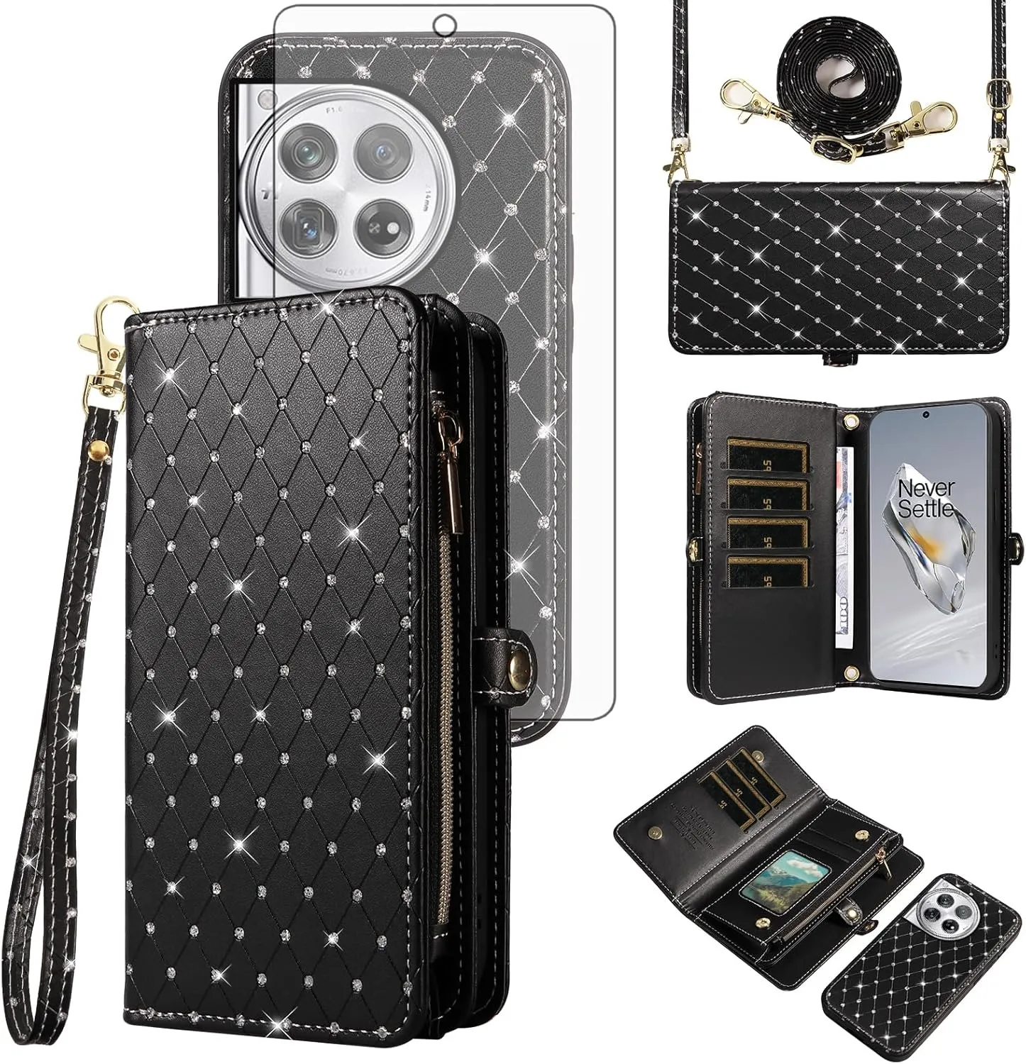 Asuwish Phone Case for OnePlus 12 5G Zipper Wallet Detachable Cell Cover with Tempered Glass Screen Protector Crossbody Lanyard Strap Glitter Flip Card Holder Slot One  1plus12 2024 Women Girls Black