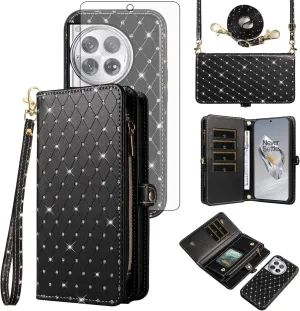 Asuwish Phone Case for OnePlus 12 5G Zipper Wallet Detachable Cell Cover with Tempered Glass Screen Protector Crossbody Lanyard Strap Glitter Flip Card Holder Slot One  1plus12 2024 Women Girls Black