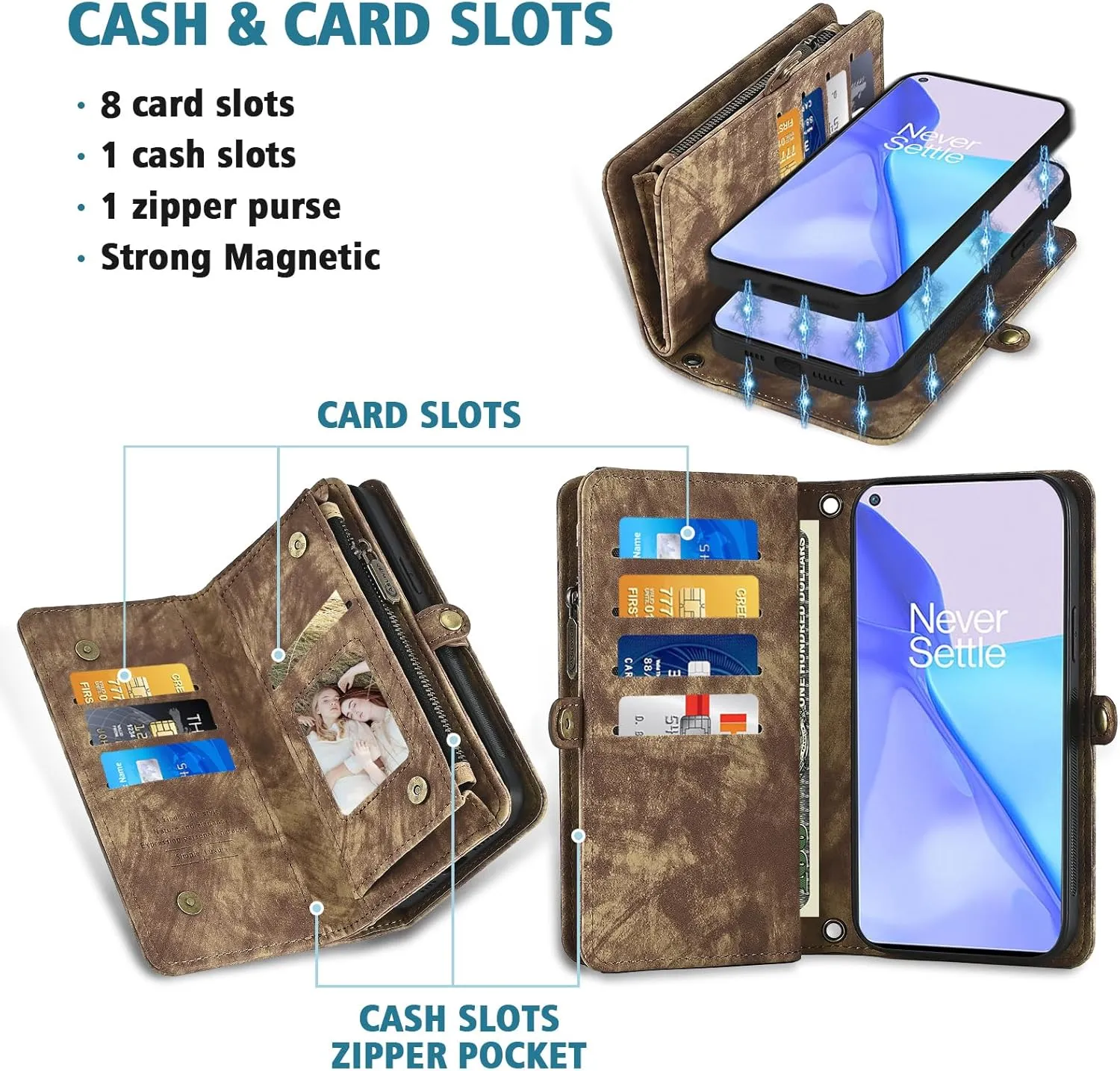 Asuwish Phone Case for OnePlus 9 OnePlus9 5G Zipper Wallet Detachable Cell Cover with Tempered Glass Screen Protector Strap Flip Card Holder Slot One Plus9 On 1 Plus 1plus One  1  1 9 Nine Women Brown