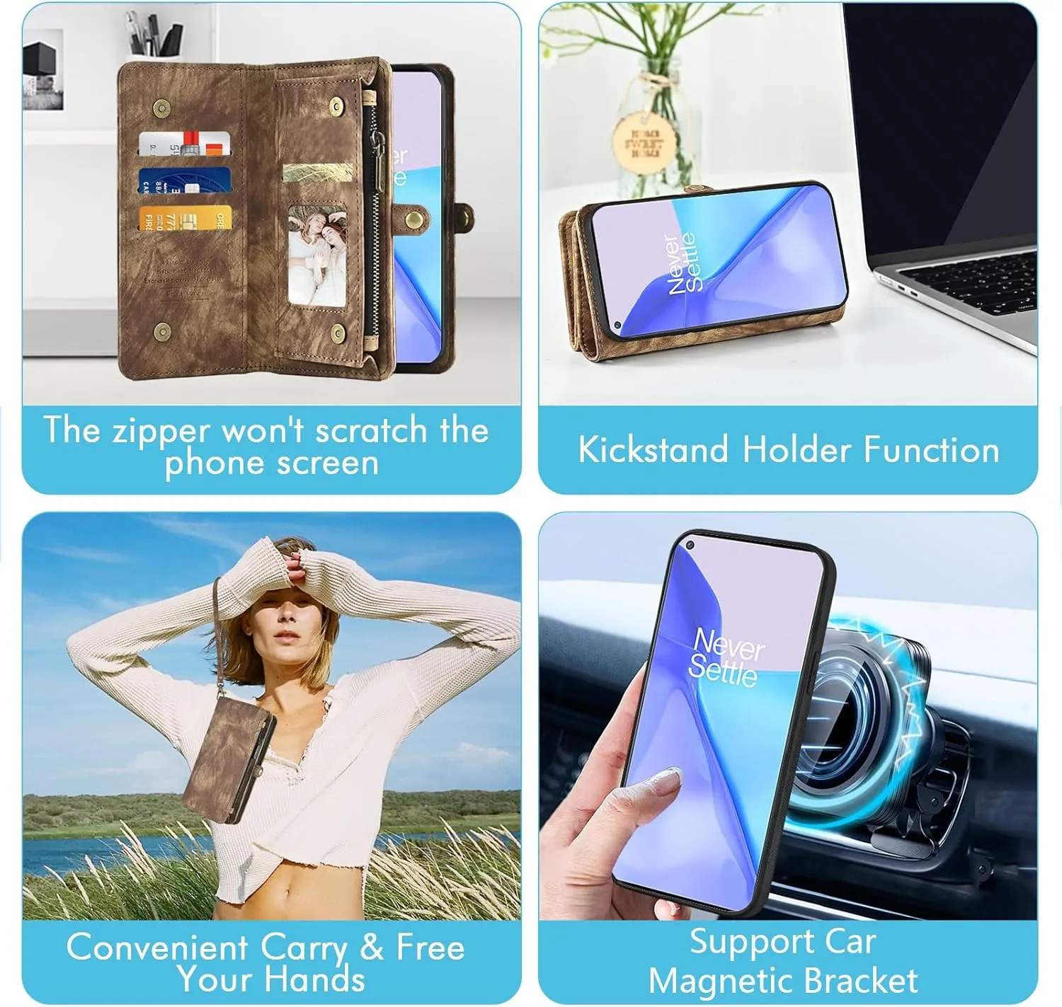 Asuwish Phone Case for OnePlus 9 OnePlus9 5G Zipper Wallet Detachable Cell Cover with Tempered Glass Screen Protector Strap Flip Card Holder Slot One Plus9 On 1 Plus 1plus One  1  1 9 Nine Women Brown