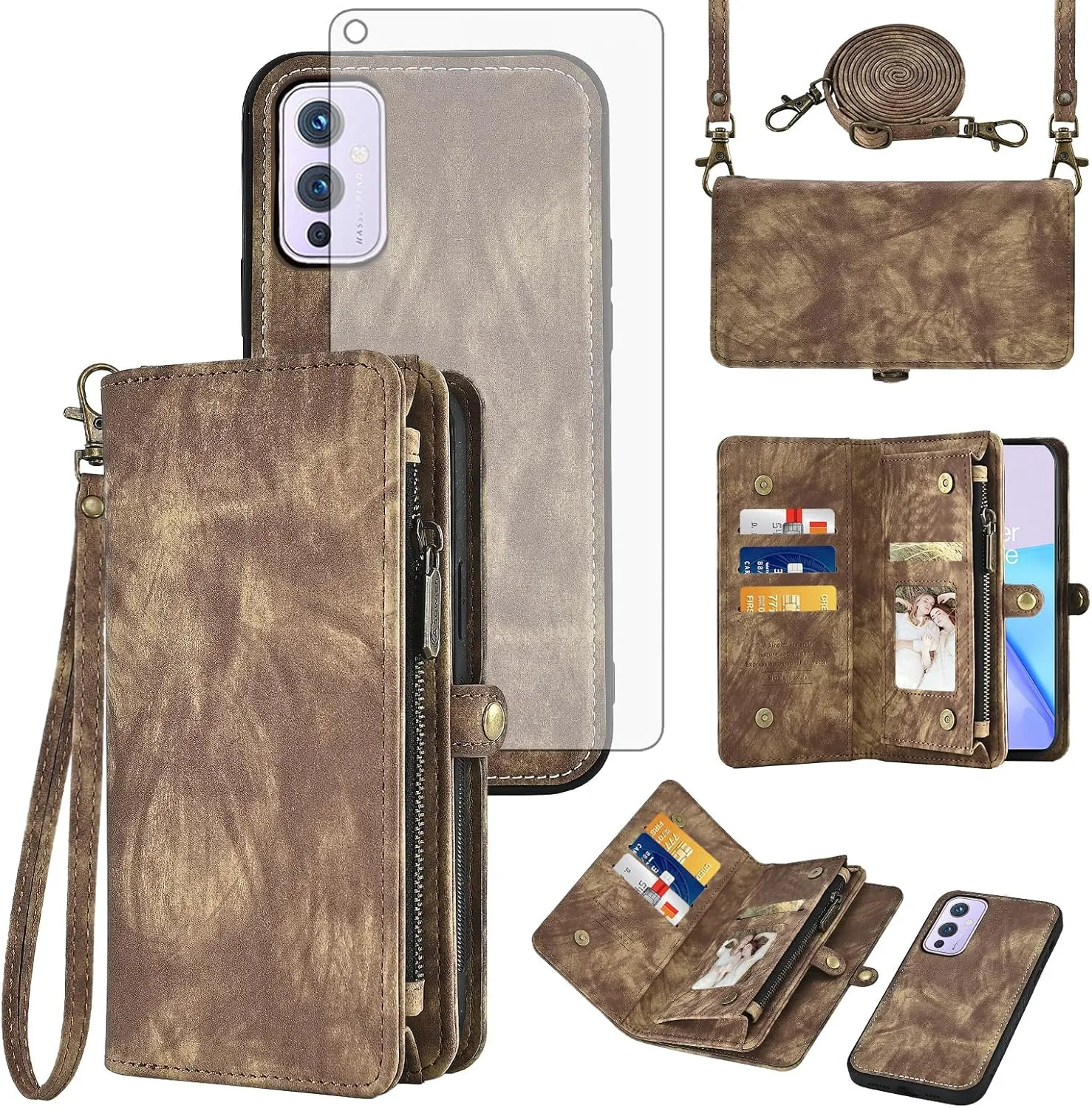 Asuwish Phone Case for OnePlus 9 OnePlus9 5G Zipper Wallet Detachable Cell Cover with Tempered Glass Screen Protector Strap Flip Card Holder Slot One Plus9 On 1 Plus 1plus One  1  1 9 Nine Women Brown