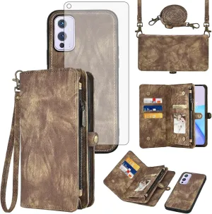 Asuwish Phone Case for OnePlus 9 OnePlus9 5G Zipper Wallet Detachable Cell Cover with Tempered Glass Screen Protector Strap Flip Card Holder Slot One Plus9 On 1 Plus 1plus One  1  1 9 Nine Women Brown