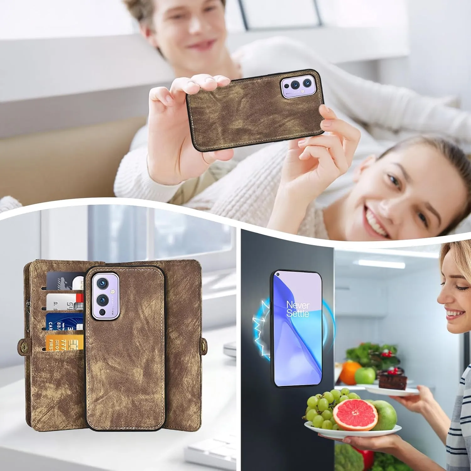 Asuwish Phone Case for OnePlus 9 OnePlus9 5G Zipper Wallet Detachable Cell Cover with Tempered Glass Screen Protector Strap Flip Card Holder Slot One Plus9 On 1 Plus 1plus One  1  1 9 Nine Women Brown