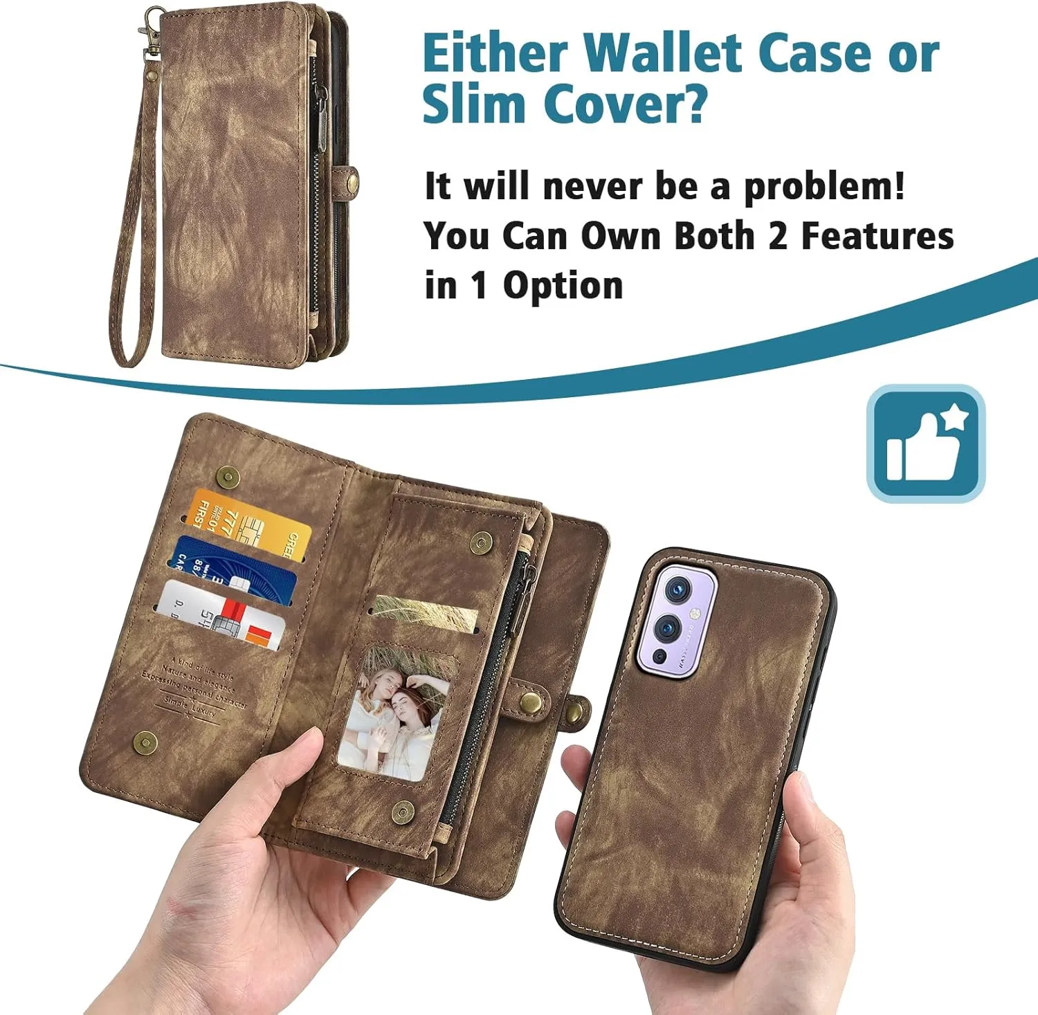 Asuwish Phone Case for OnePlus 9 OnePlus9 5G Zipper Wallet Detachable Cell Cover with Tempered Glass Screen Protector Strap Flip Card Holder Slot One Plus9 On 1 Plus 1plus One  1  1 9 Nine Women Brown