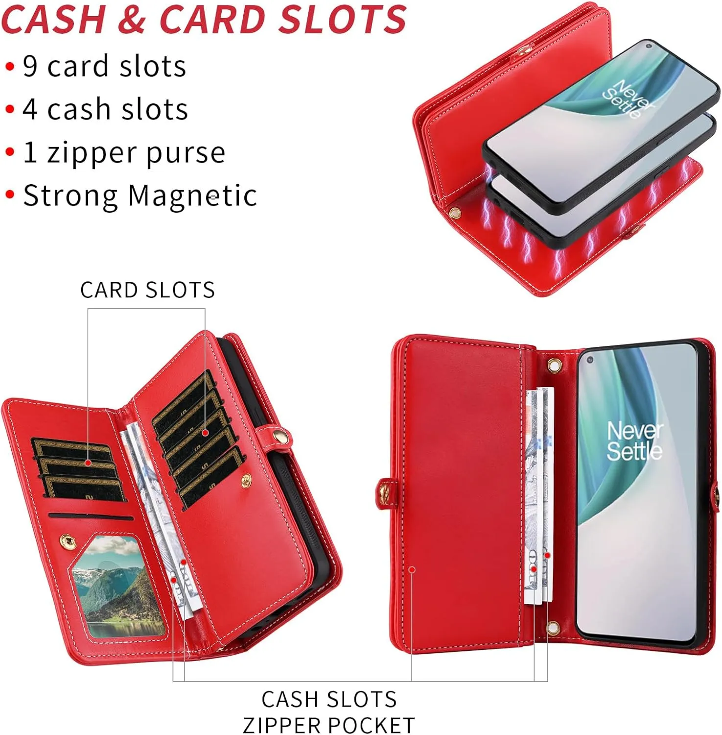 Asuwish Phone Case for OnePlus Nord N10 5G Zipper Wallet Cell Cover with Tempered Glass Screen Protector Strap Bling Glitter Flip Card Holder One Plus N 10 G5 1 Plus 10N 1plus One  1  N105G Women Red