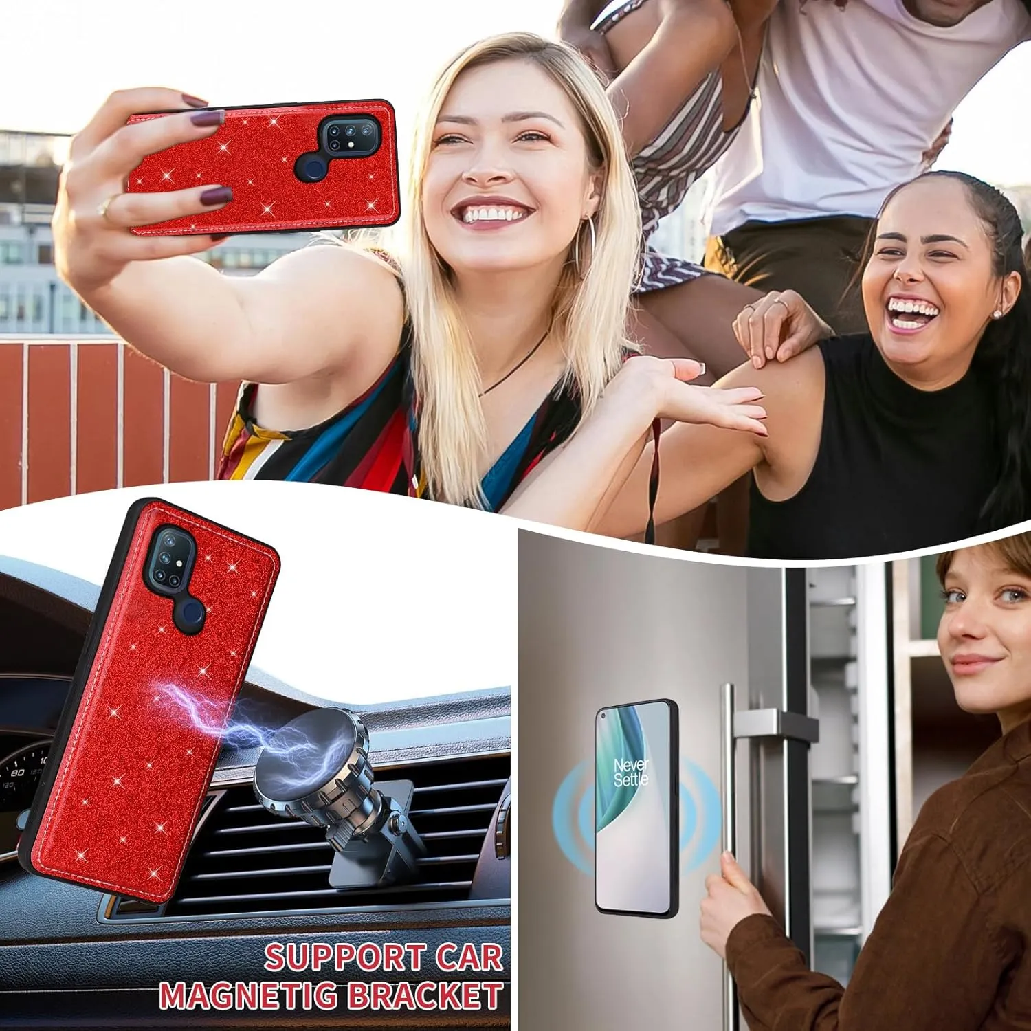 Asuwish Phone Case for OnePlus Nord N10 5G Zipper Wallet Cell Cover with Tempered Glass Screen Protector Strap Bling Glitter Flip Card Holder One Plus N 10 G5 1 Plus 10N 1plus One  1  N105G Women Red