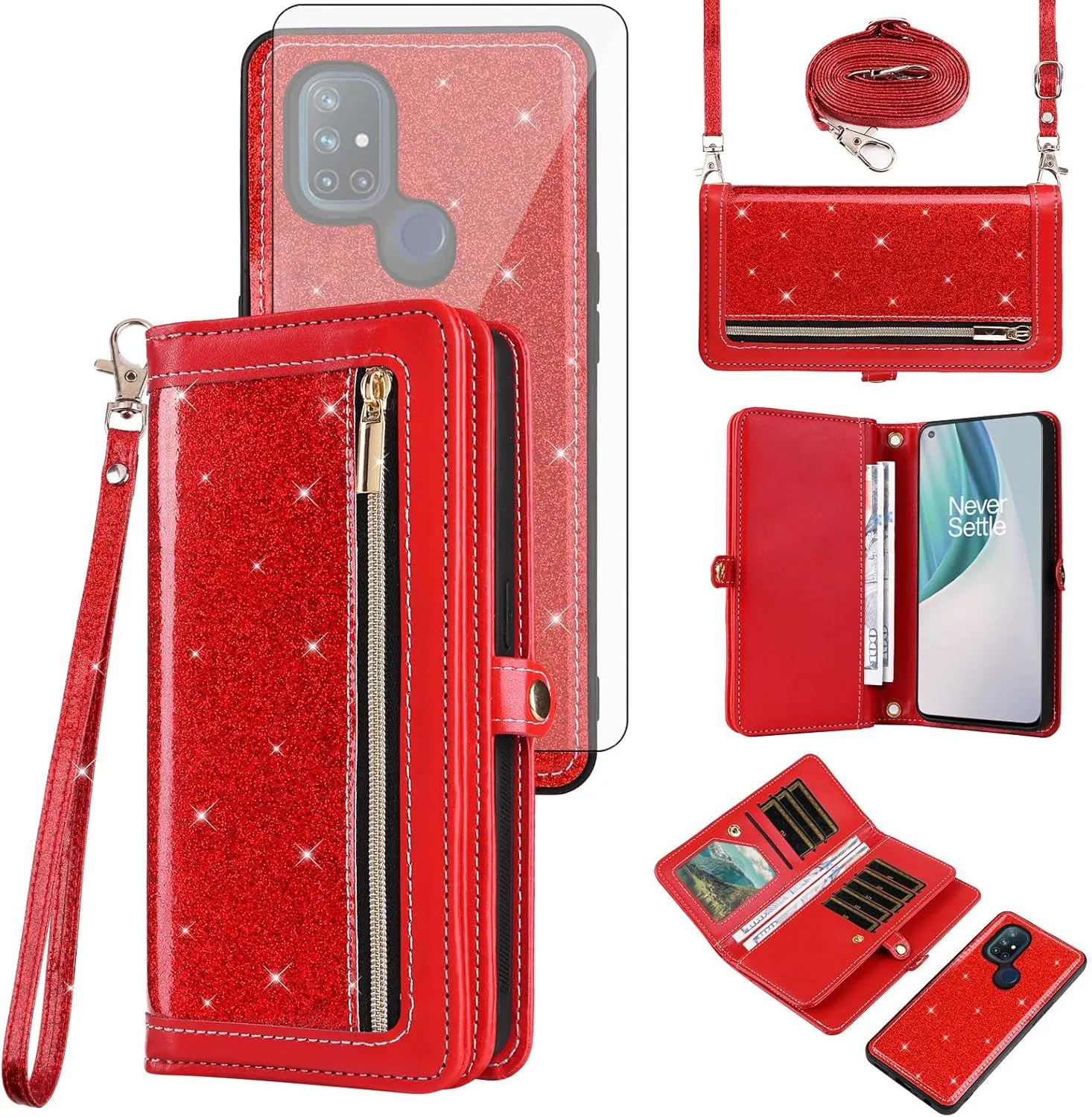 Asuwish Phone Case for OnePlus Nord N10 5G Zipper Wallet Cell Cover with Tempered Glass Screen Protector Strap Bling Glitter Flip Card Holder One Plus N 10 G5 1 Plus 10N 1plus One  1  N105G Women Red