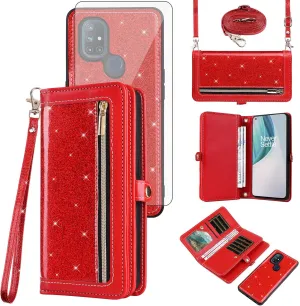 Asuwish Phone Case for OnePlus Nord N10 5G Zipper Wallet Cell Cover with Tempered Glass Screen Protector Strap Bling Glitter Flip Card Holder One Plus N 10 G5 1 Plus 10N 1plus One  1  N105G Women Red