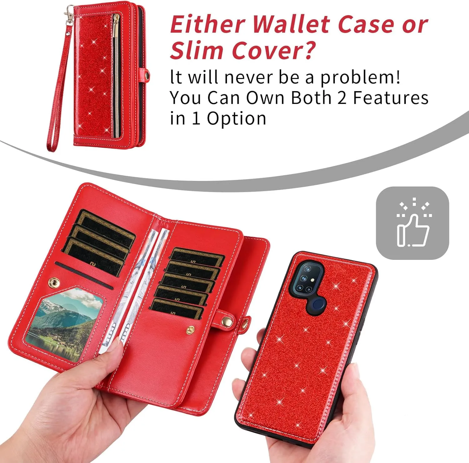 Asuwish Phone Case for OnePlus Nord N10 5G Zipper Wallet Cell Cover with Tempered Glass Screen Protector Strap Bling Glitter Flip Card Holder One Plus N 10 G5 1 Plus 10N 1plus One  1  N105G Women Red