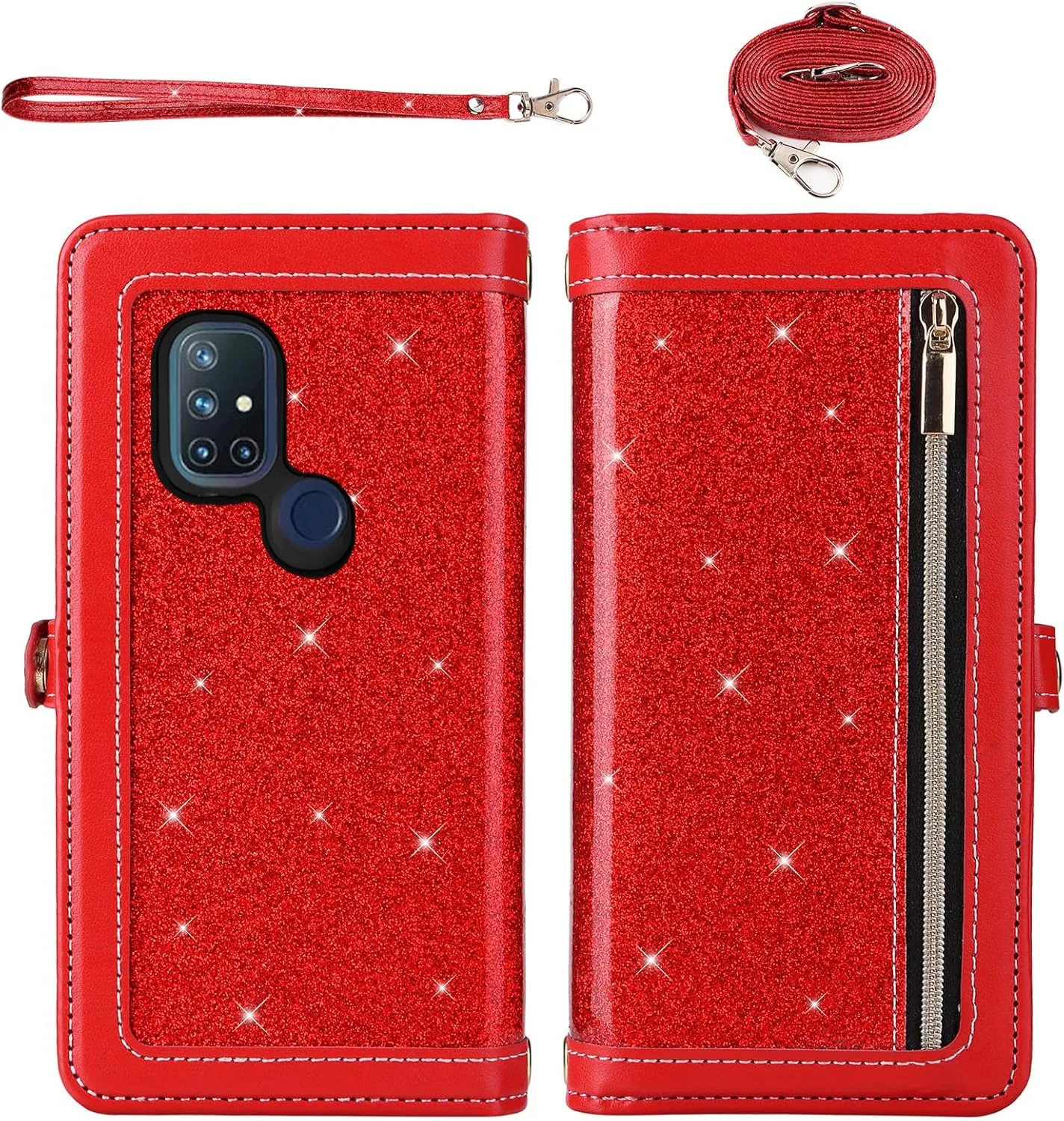 Asuwish Phone Case for OnePlus Nord N10 5G Zipper Wallet Cell Cover with Tempered Glass Screen Protector Strap Bling Glitter Flip Card Holder One Plus N 10 G5 1 Plus 10N 1plus One  1  N105G Women Red