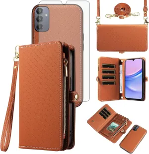 Asuwish Phone Case for Samsung Galaxy A15 5G/4G Zipper Wallet Detachable Cell Cover with Tempered Glass Screen Protector Crossbody Lanyard Strap Flip Card Holder Slot A 15 G5 15A Women Girls Brown