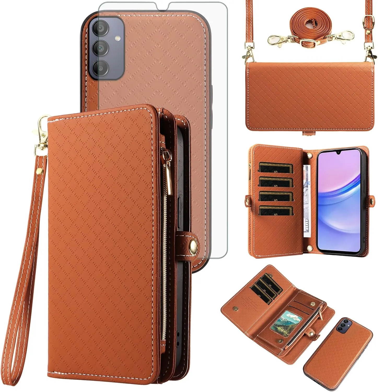 Asuwish Phone Case for Samsung Galaxy A15 5G/4G Zipper Wallet Detachable Cell Cover with Tempered Glass Screen Protector Crossbody Lanyard Strap Flip Card Holder Slot A 15 G5 15A Women Girls Brown