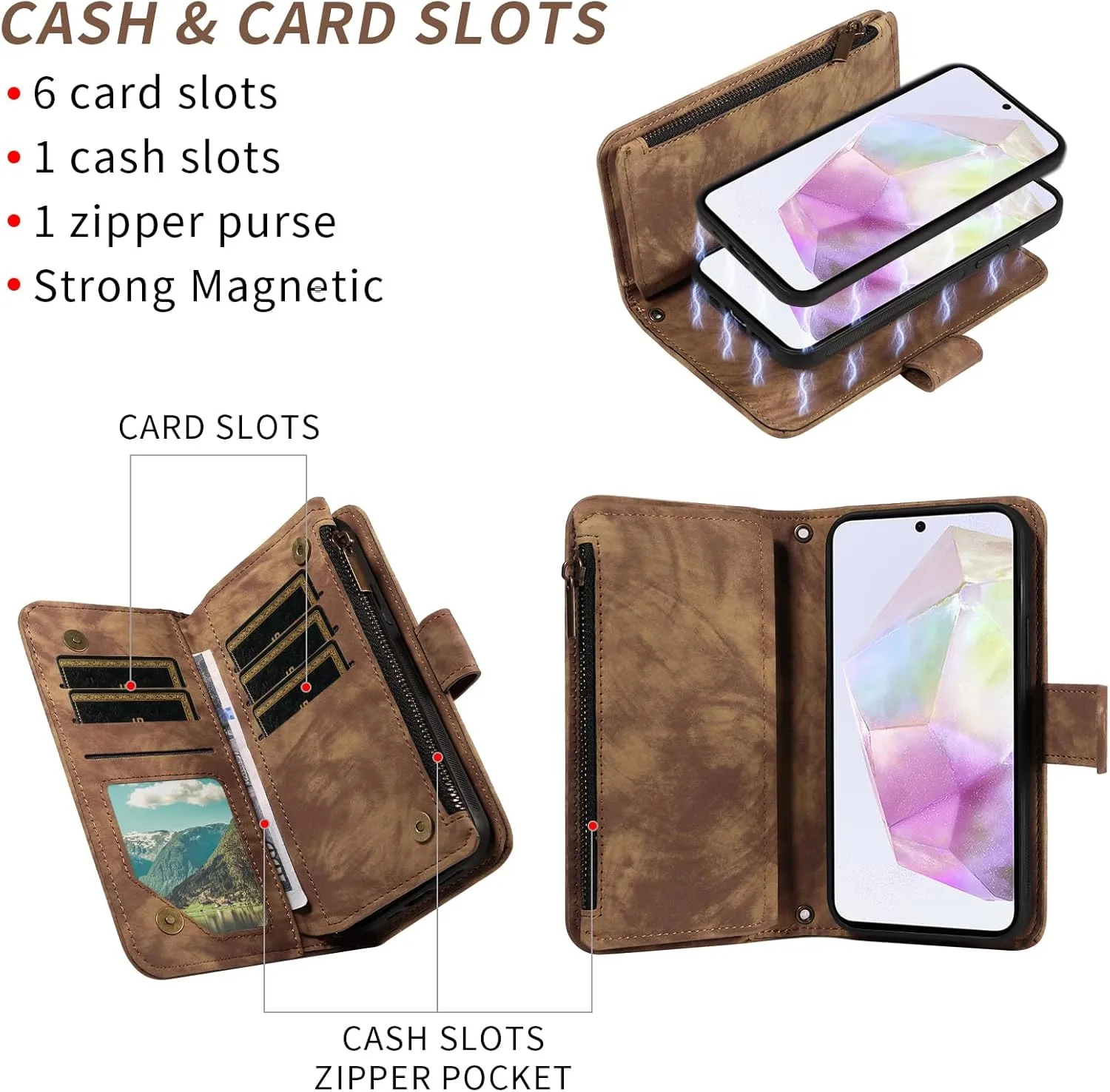 Asuwish Phone Case for Samsung Galaxy A35 5G Zipper Wallet Magnetic Cell Cover with Tempered Glass Screen Protector Crossbody Wrist Strap Flip Credit Card Holder Slot A 35 35A A355G Women Girls Brown