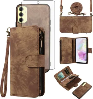 Asuwish Phone Case for Samsung Galaxy A35 5G Zipper Wallet Magnetic Cell Cover with Tempered Glass Screen Protector Crossbody Wrist Strap Flip Credit Card Holder Slot A 35 35A A355G Women Girls Brown