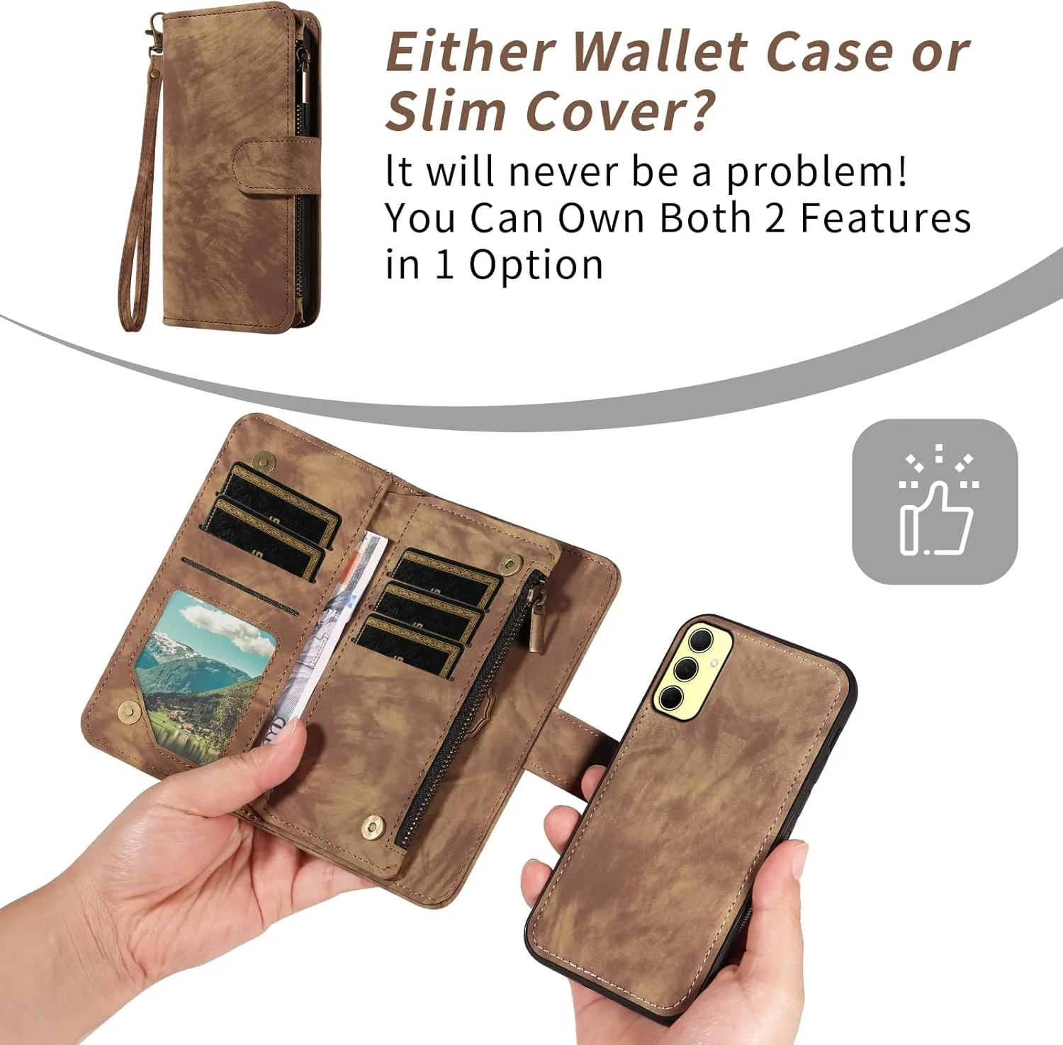 Asuwish Phone Case for Samsung Galaxy A35 5G Zipper Wallet Magnetic Cell Cover with Tempered Glass Screen Protector Crossbody Wrist Strap Flip Credit Card Holder Slot A 35 35A A355G Women Girls Brown