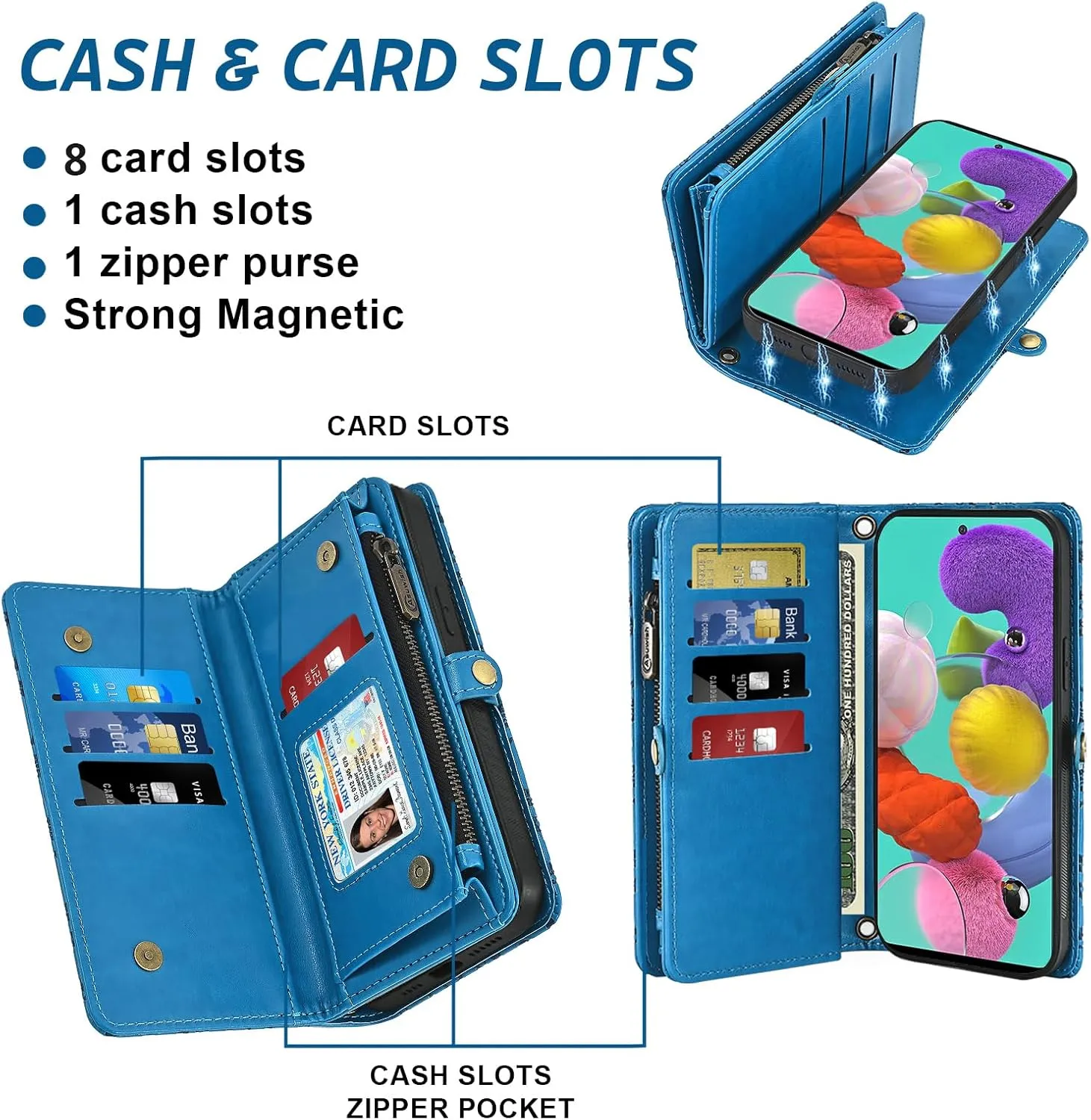 Asuwish Phone Case for Samsung Galaxy A51 4G Zipper Wallet Detachable Cell Cover with Tempered Glass Screen Protector Crossbody Strap Flower Flip Card Holder A 51 M40S 51A A515F S51 Women Girls Blue