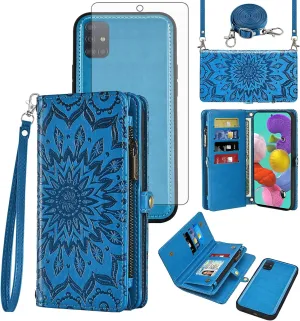 Asuwish Phone Case for Samsung Galaxy A51 4G Zipper Wallet Detachable Cell Cover with Tempered Glass Screen Protector Crossbody Strap Flower Flip Card Holder A 51 M40S 51A A515F S51 Women Girls Blue