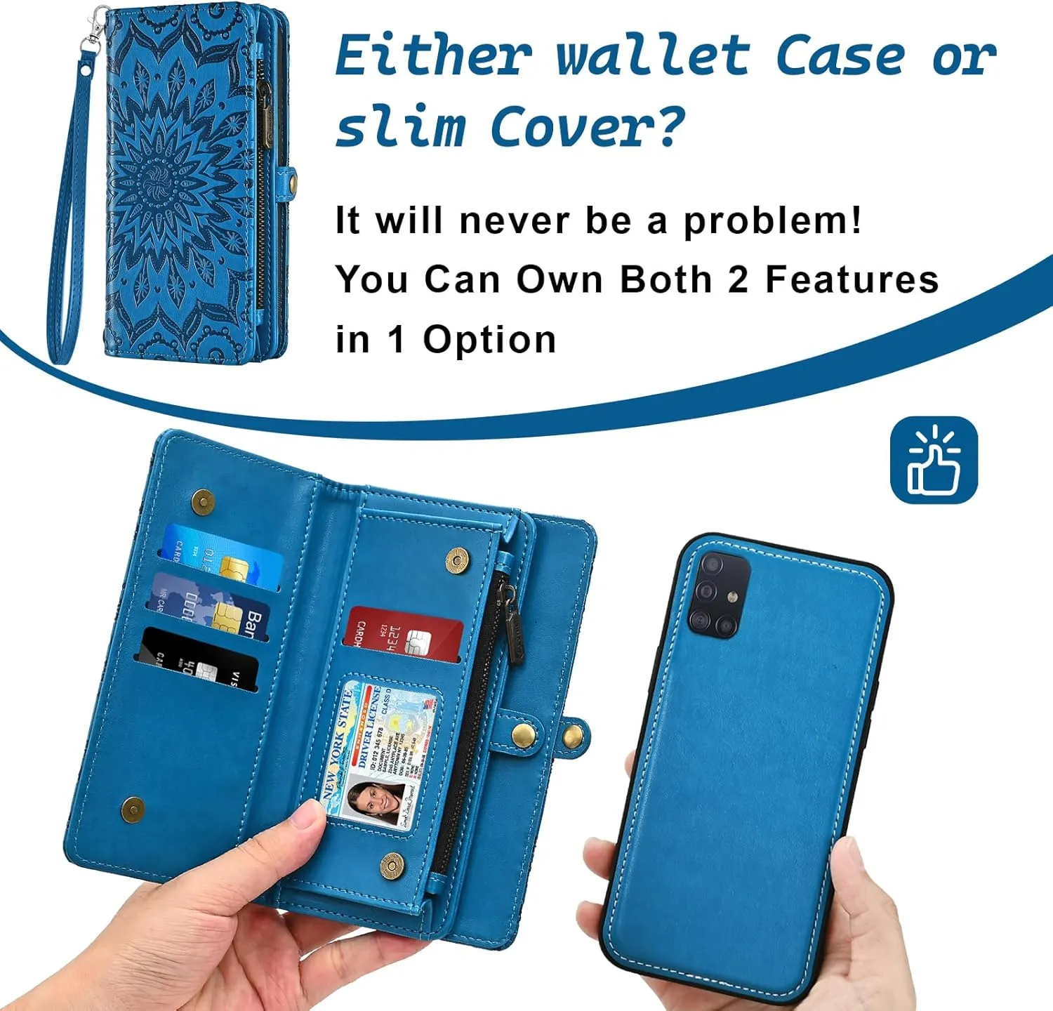 Asuwish Phone Case for Samsung Galaxy A51 4G Zipper Wallet Detachable Cell Cover with Tempered Glass Screen Protector Crossbody Strap Flower Flip Card Holder A 51 M40S 51A A515F S51 Women Girls Blue