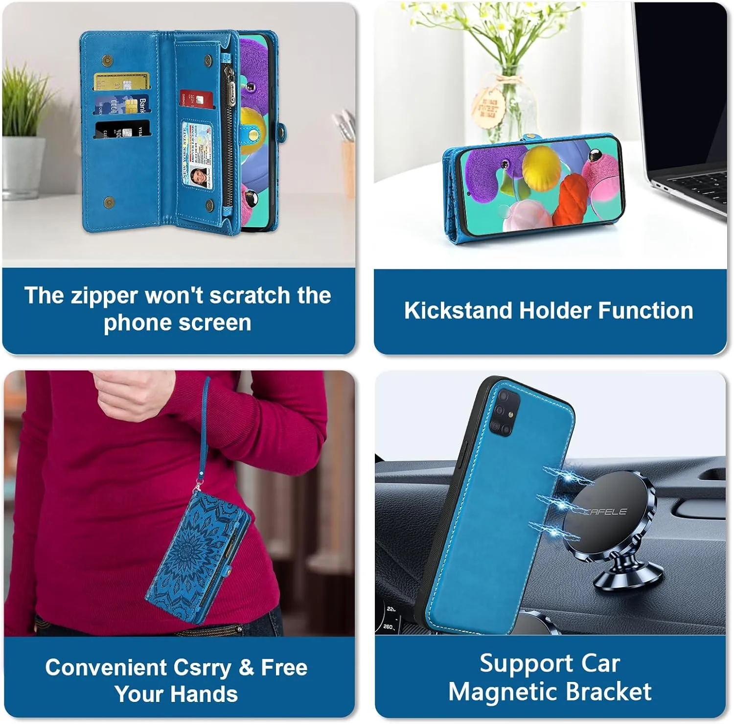 Asuwish Phone Case for Samsung Galaxy A51 4G Zipper Wallet Detachable Cell Cover with Tempered Glass Screen Protector Crossbody Strap Flower Flip Card Holder A 51 M40S 51A A515F S51 Women Girls Blue