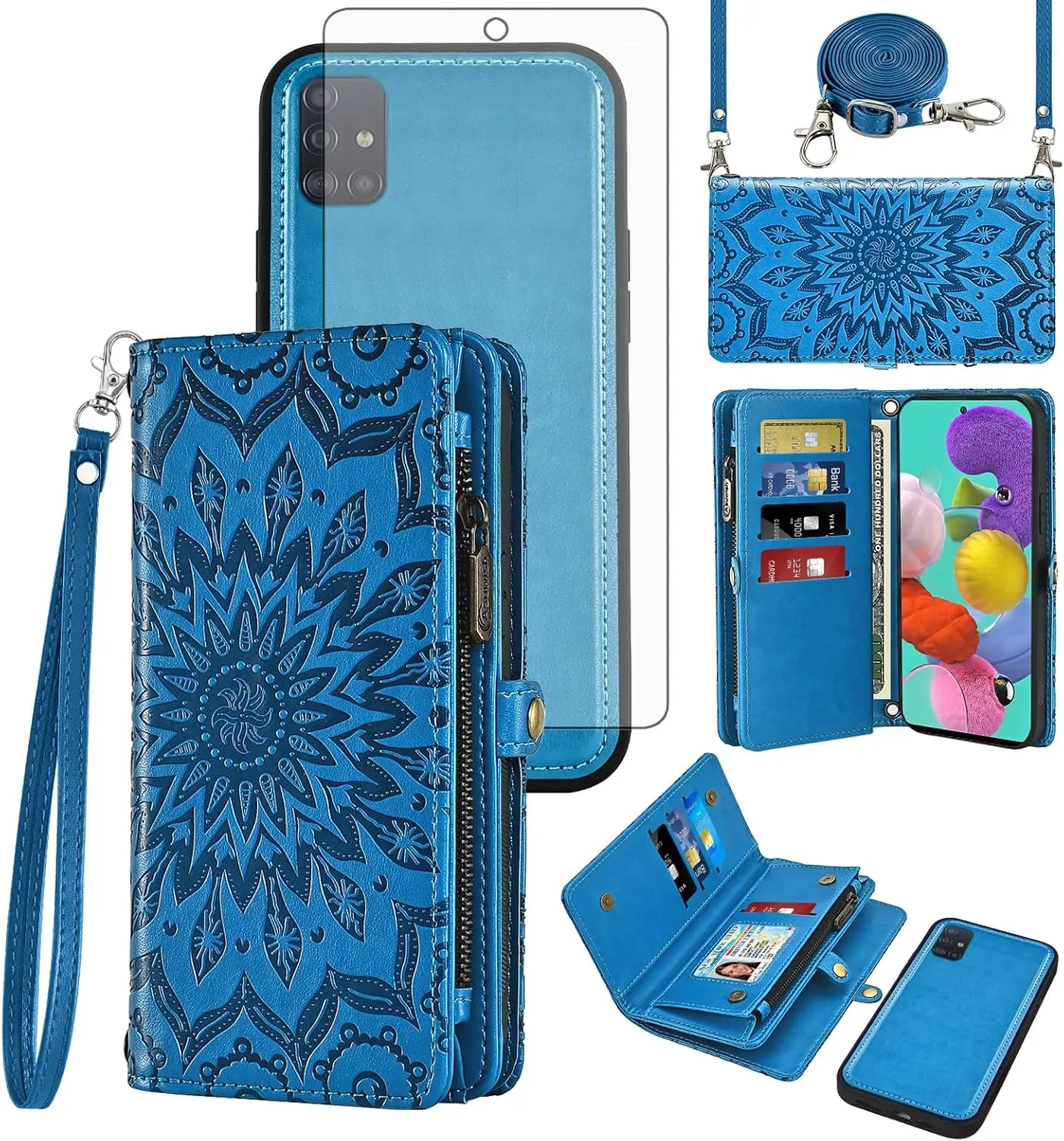 Asuwish Phone Case for Samsung Galaxy A51 4G Zipper Wallet Detachable Cell Cover with Tempered Glass Screen Protector Crossbody Strap Flower Flip Card Holder A 51 M40S 51A A515F S51 Women Girls Blue