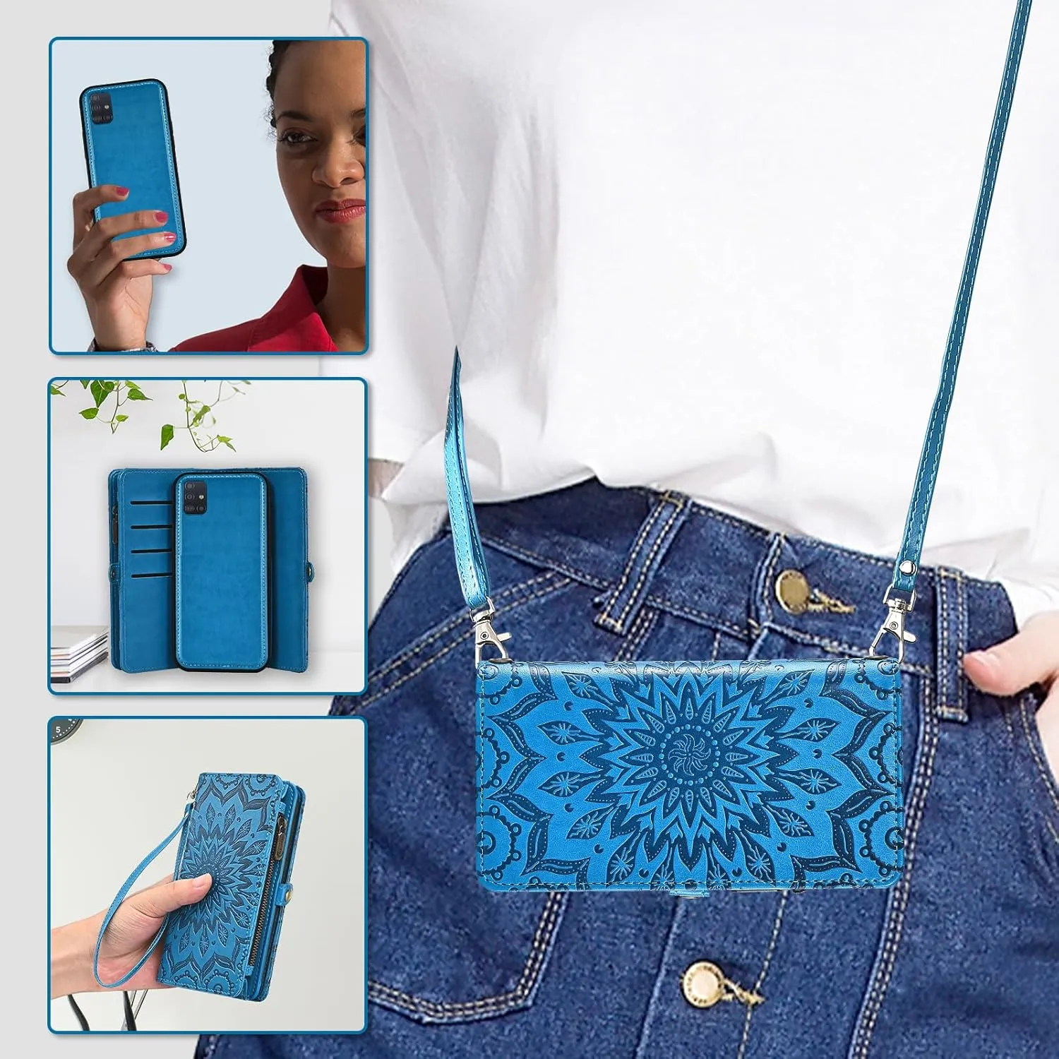Asuwish Phone Case for Samsung Galaxy A51 4G Zipper Wallet Detachable Cell Cover with Tempered Glass Screen Protector Crossbody Strap Flower Flip Card Holder A 51 M40S 51A A515F S51 Women Girls Blue