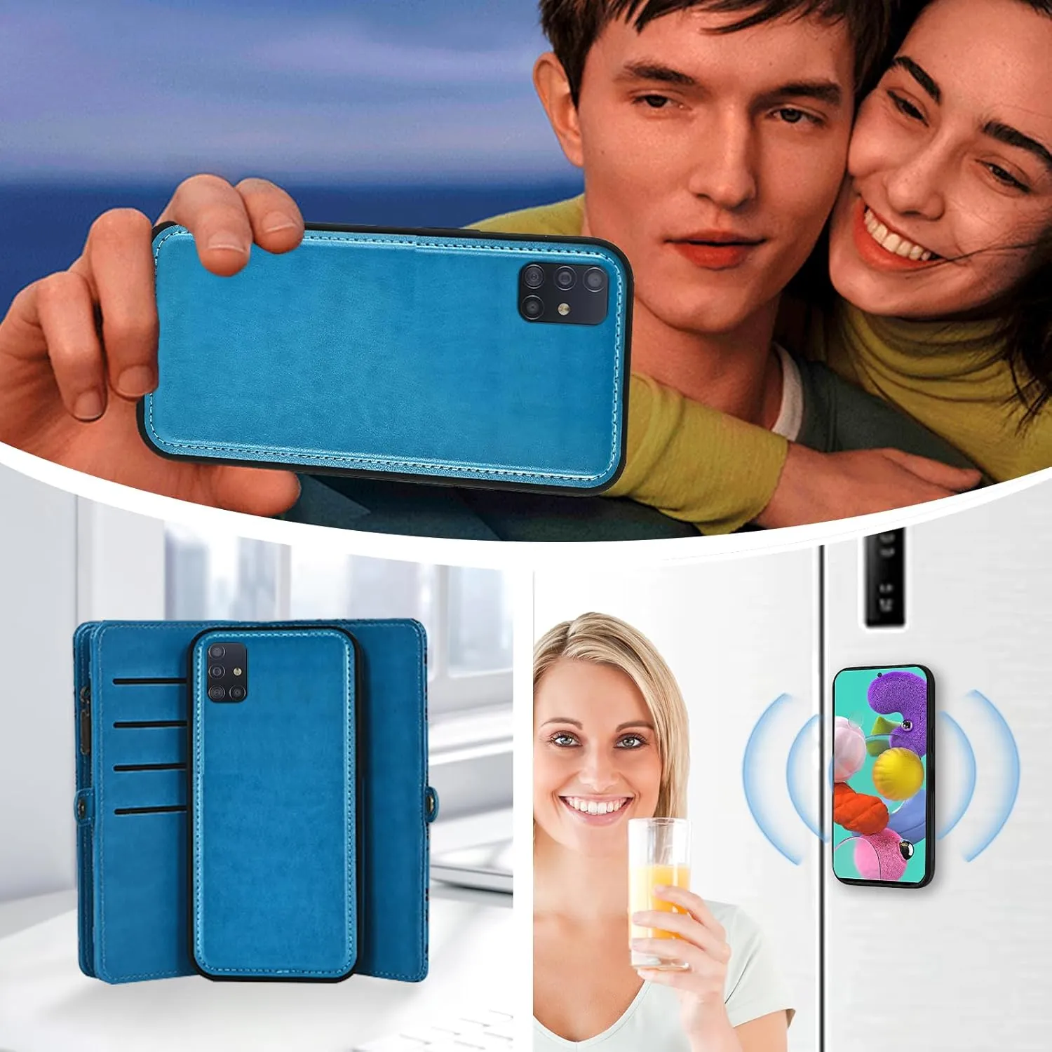 Asuwish Phone Case for Samsung Galaxy A51 4G Zipper Wallet Detachable Cell Cover with Tempered Glass Screen Protector Crossbody Strap Flower Flip Card Holder A 51 M40S 51A A515F S51 Women Girls Blue