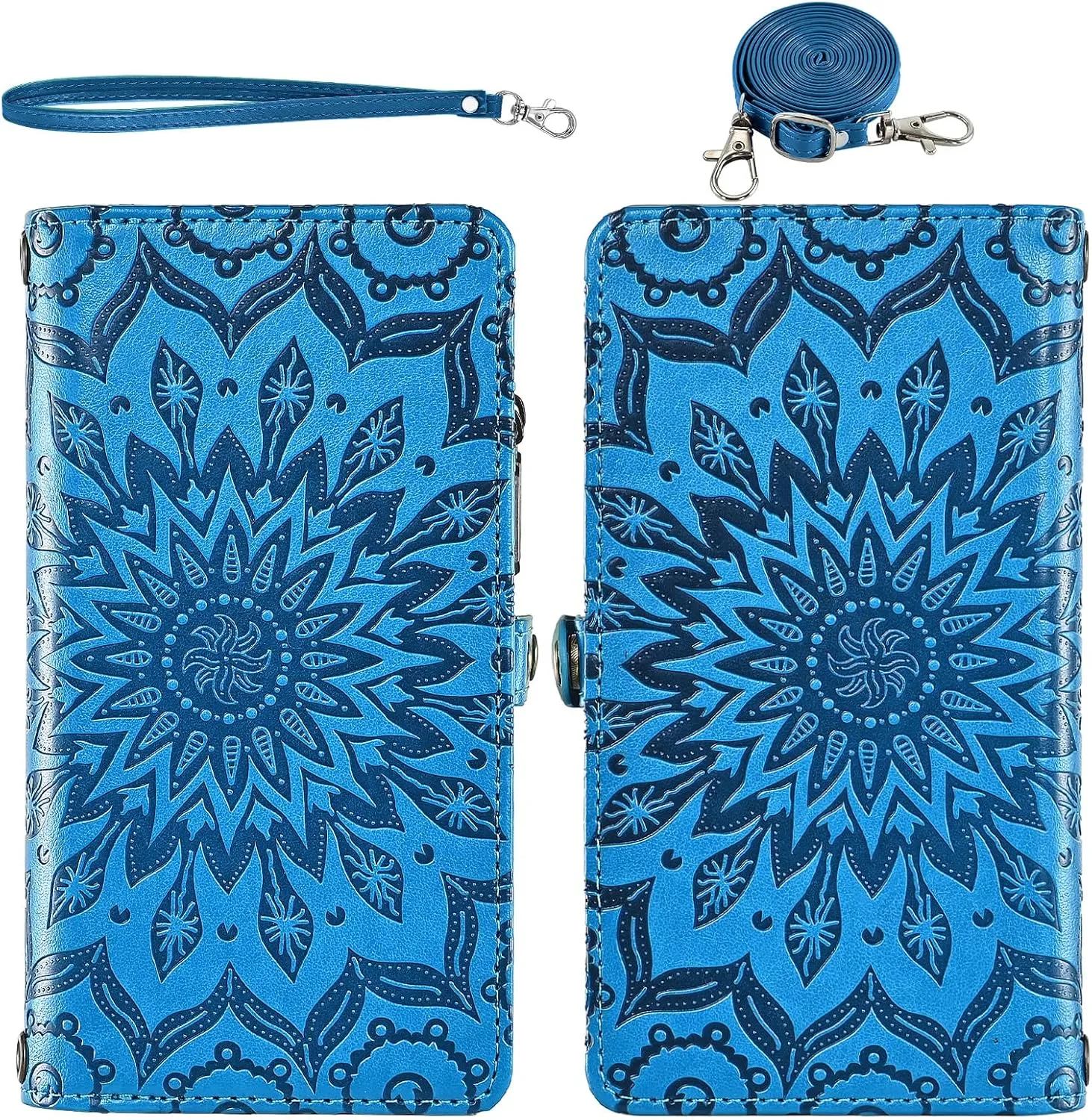 Asuwish Phone Case for Samsung Galaxy A51 4G Zipper Wallet Detachable Cell Cover with Tempered Glass Screen Protector Crossbody Strap Flower Flip Card Holder A 51 M40S 51A A515F S51 Women Girls Blue