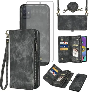 Asuwish Phone Case for Samsung Galaxy A51 4G Zipper Wallet Magnetic Detachable Cell Cover with Tempered Glass Screen Protector Crossbody Strap Flip Card Holder Slot A 51 M40S 51A A515F S51 Women Black