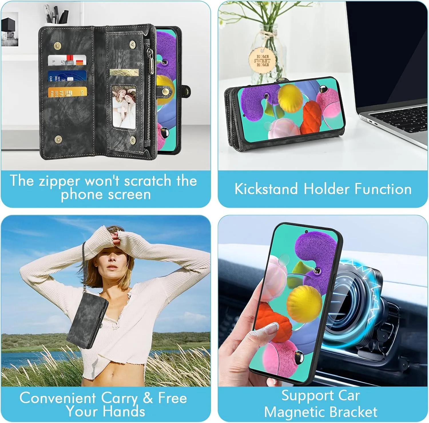 Asuwish Phone Case for Samsung Galaxy A51 4G Zipper Wallet Magnetic Detachable Cell Cover with Tempered Glass Screen Protector Crossbody Strap Flip Card Holder Slot A 51 M40S 51A A515F S51 Women Black